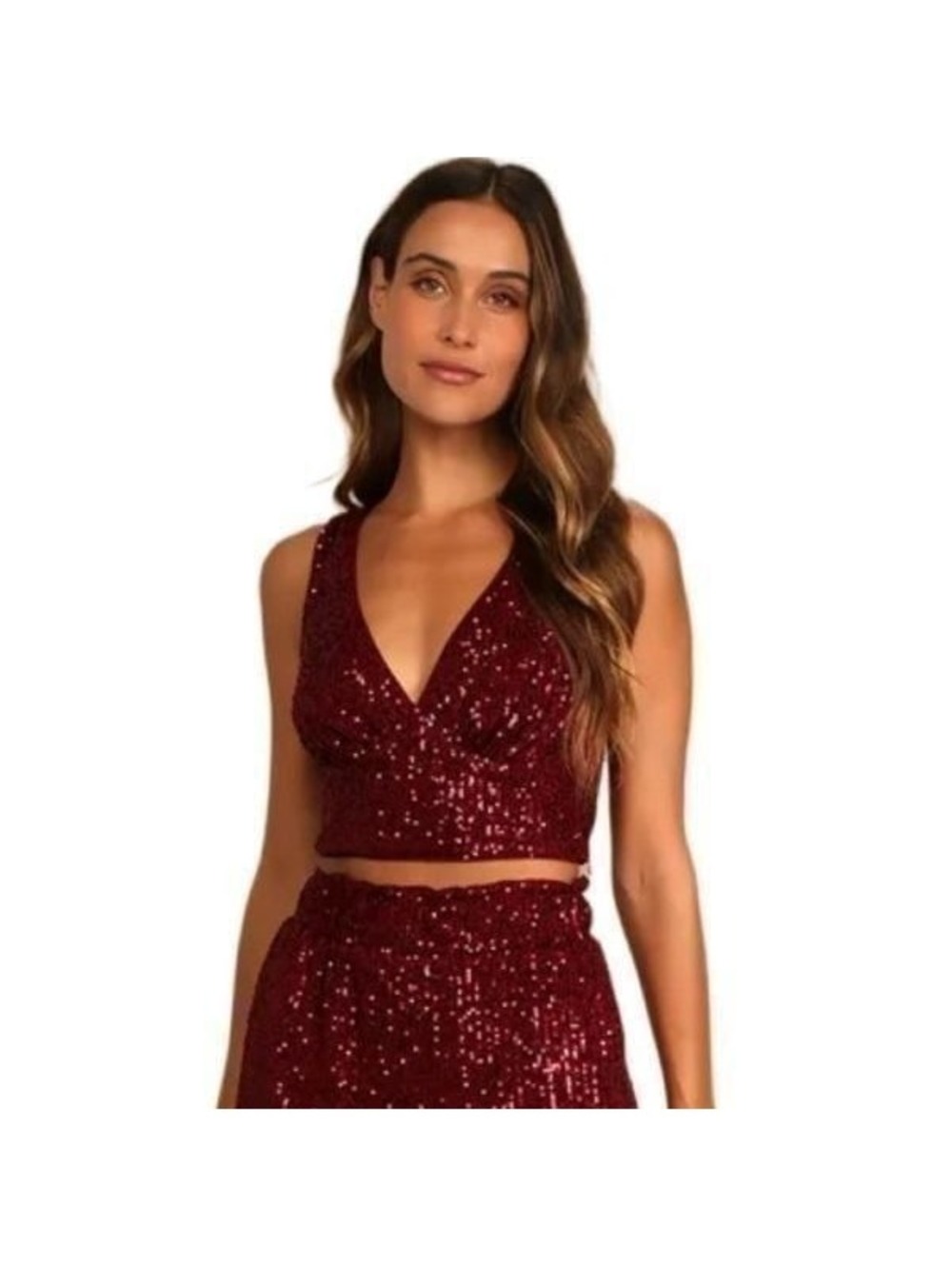 New! Lulus Flawless Sparkle Wine Red Sequin V-Neck Top Sz S